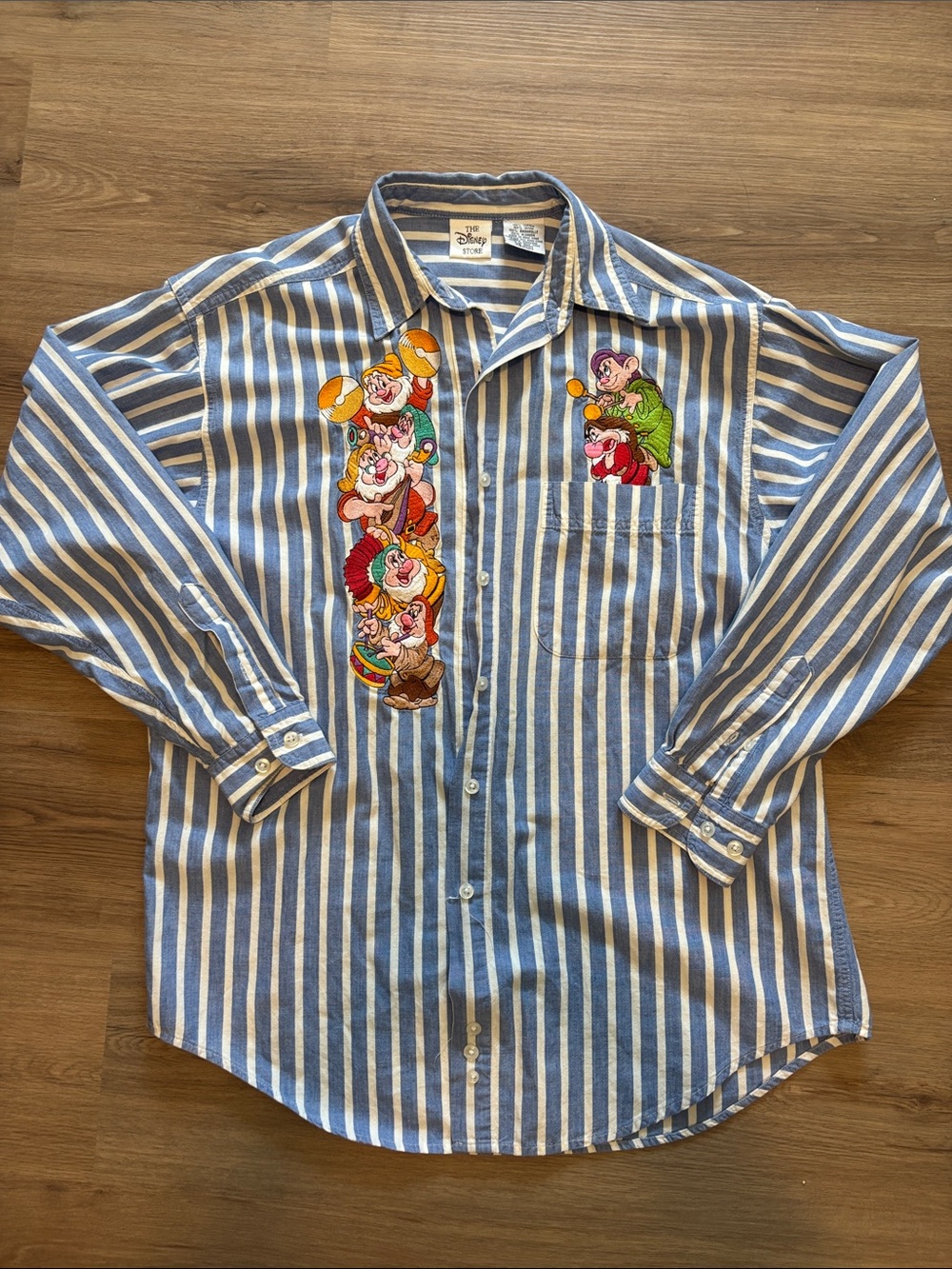 Disney Blue and White Striped Button-Down Shirt with Embroidered Seven Dwarfs